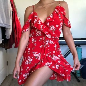 Red flowery off the shoulder dress w waist detail